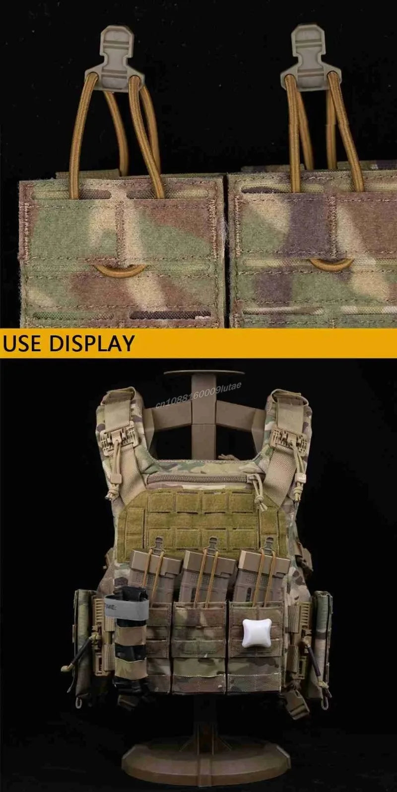 A tactical magazine pouch for plate carriers shown in use display with multiple pouches and a magazine.