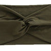 A dark olive green women's elastic sports headband tied in a knot.