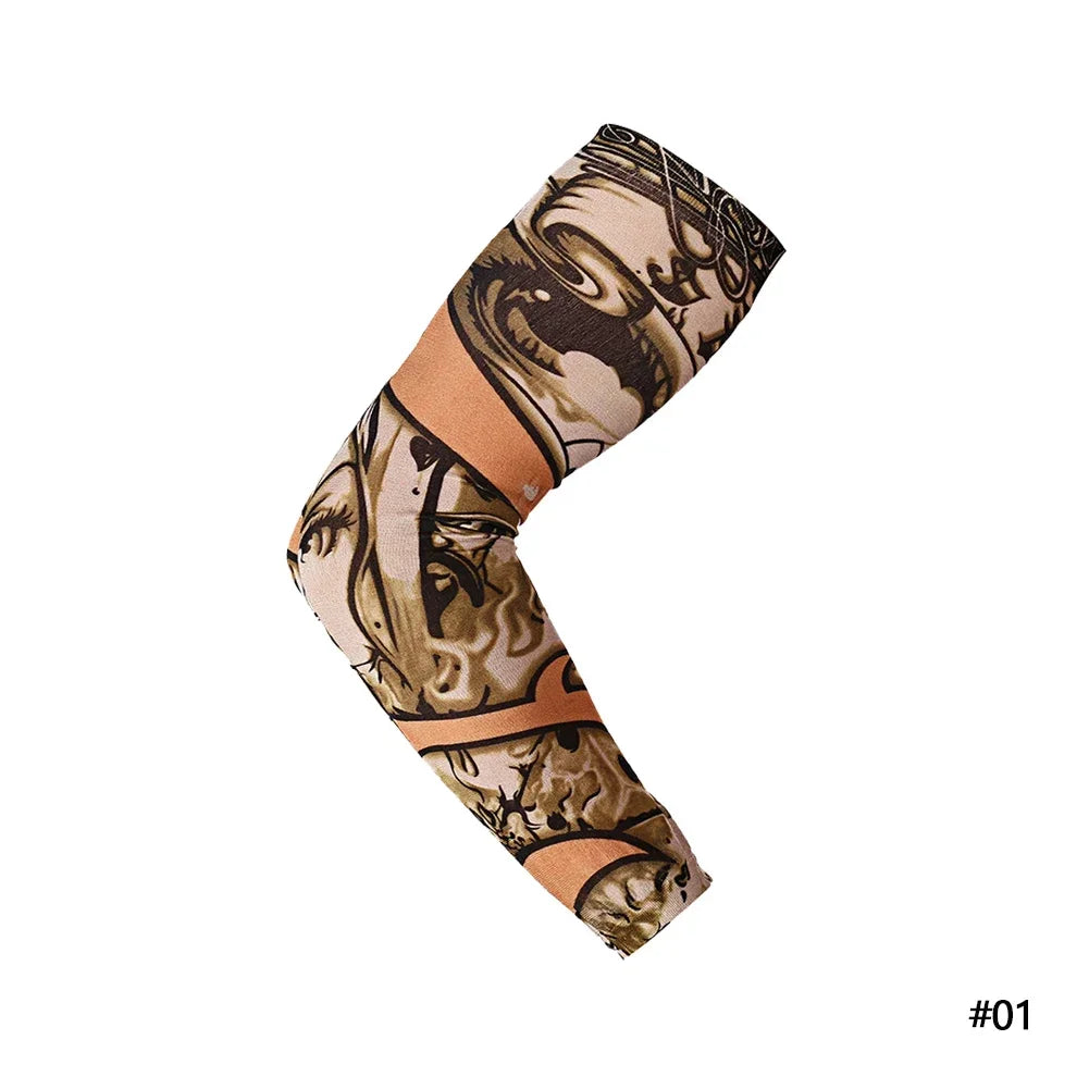 A close-up of a reusable stretch tattoo arm sleeve featuring intricate, dark brown and beige tribal designs on an orange fabr