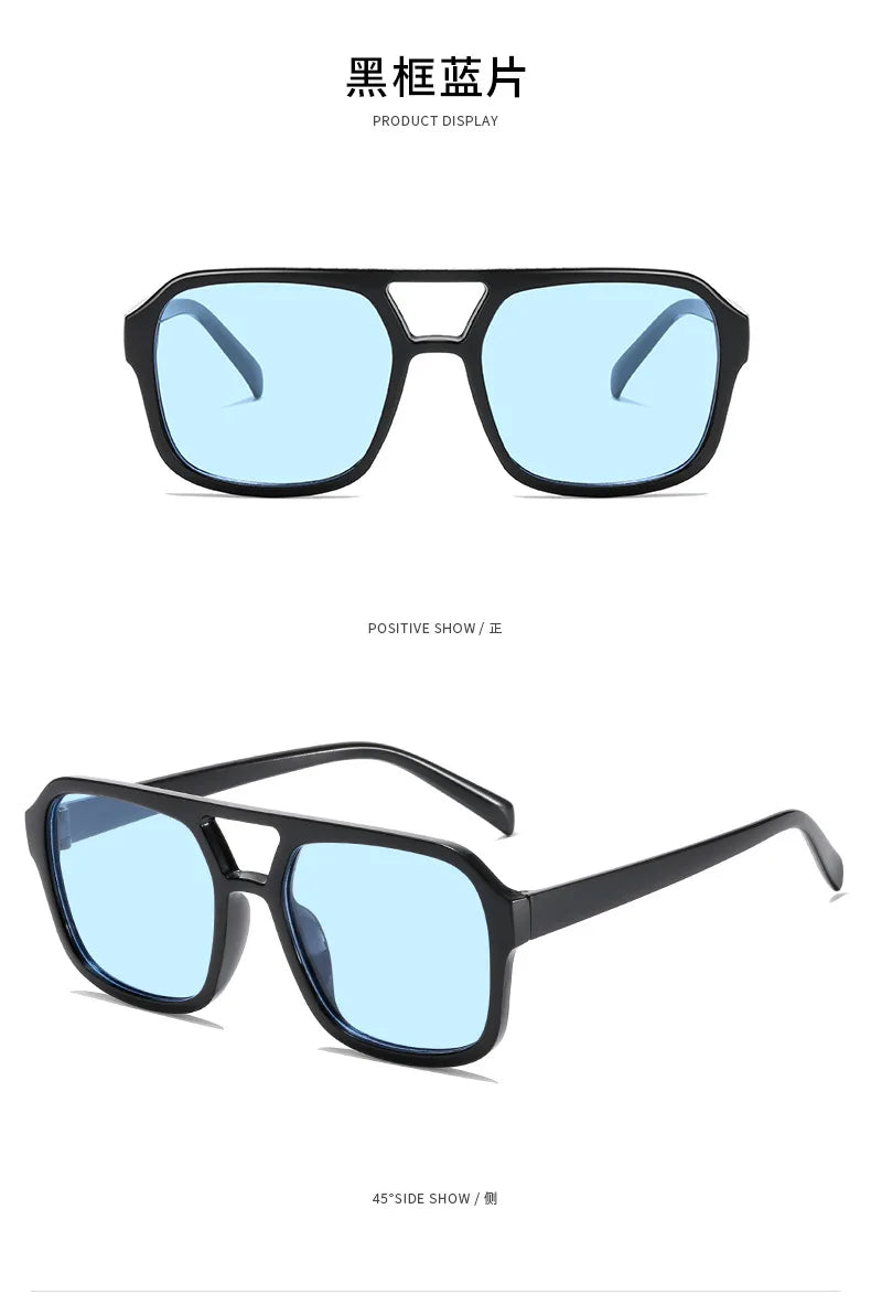 Eine Paar schwarze Acetat-Square-Sonnenbrille mit hellblauen Linsen in einer Produktpräsentation.