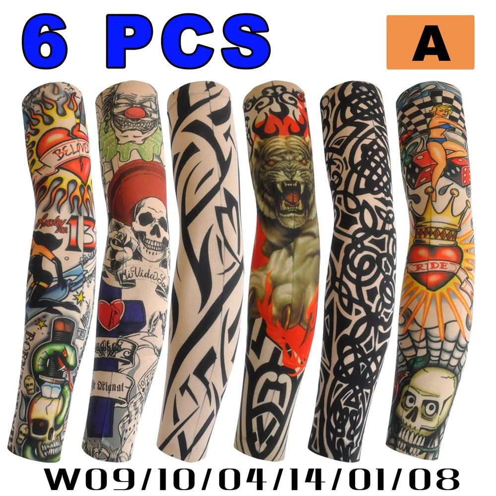 Seis paquetes de mangas de tatuaje sin costuras para protección solar con varios diseños y colores.