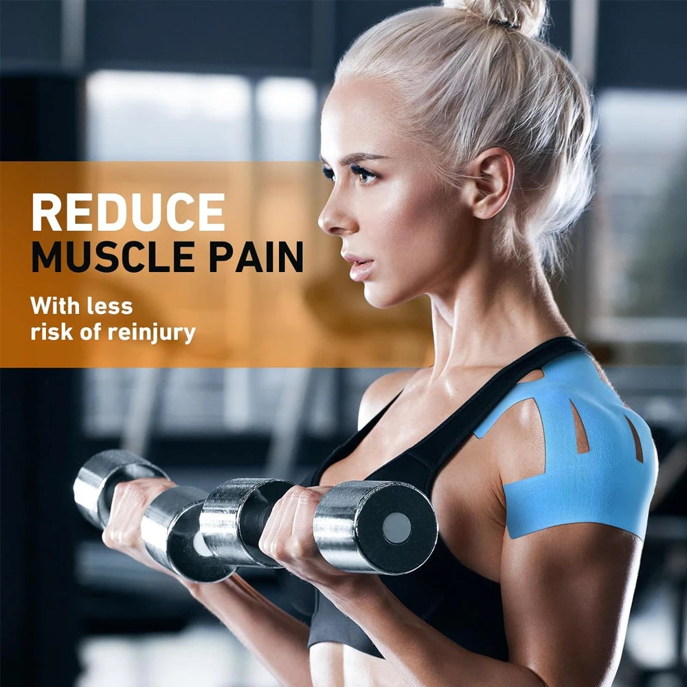 A blonde woman exercising with dumbbells, demonstrating professional kinesiology therapy tape for shoulder pain.