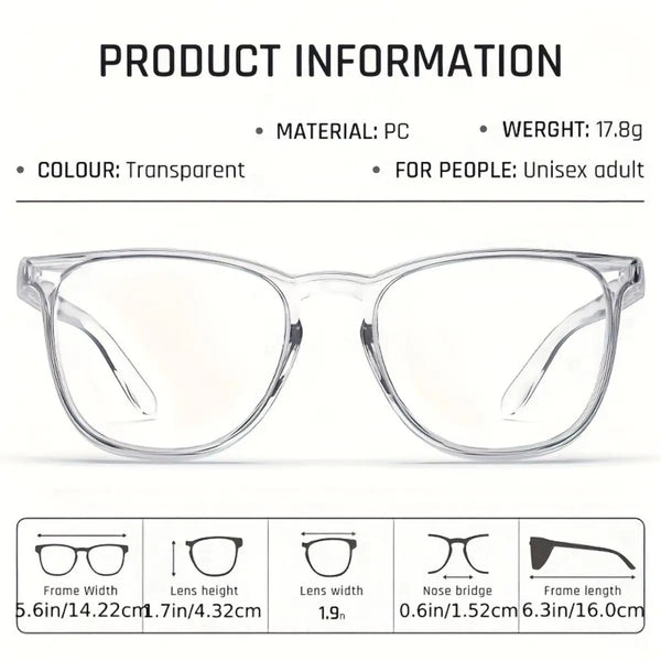 Monture de lunettes PC transparente et claire avec mesures et détails.