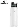 A white insulated stainless steel thermal water bottle with a black cap and logo.