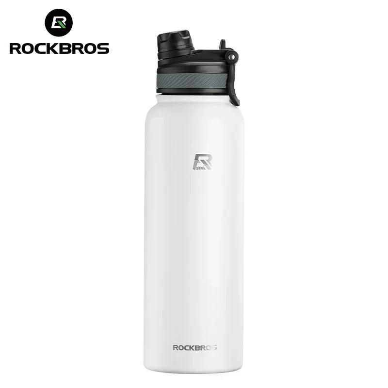 A white insulated stainless steel thermal water bottle with a black cap and logo.