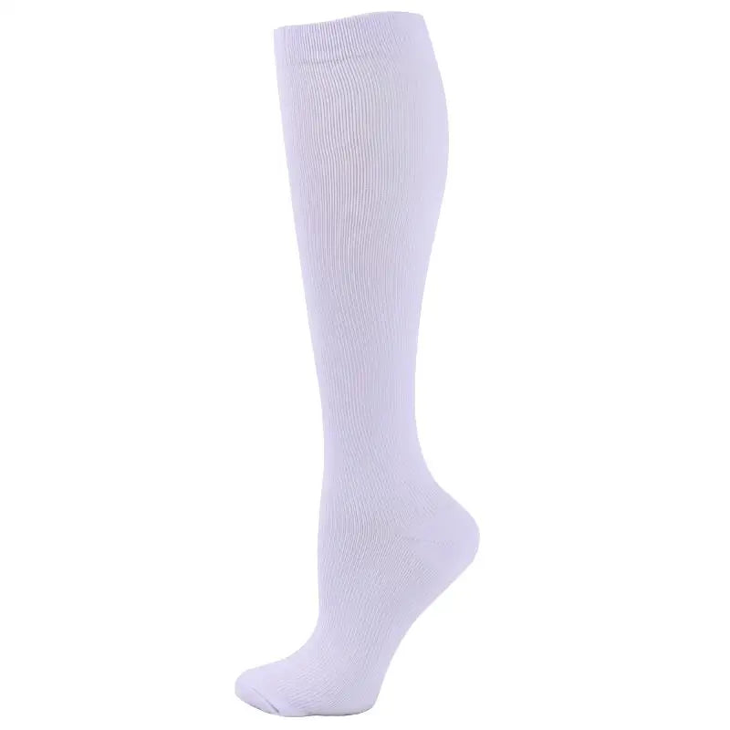 A white compression sock for veins and pregnancy, shown vertically.