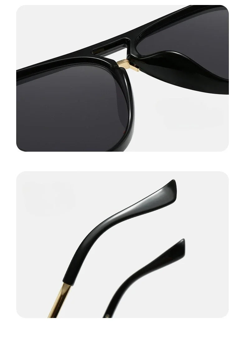 A pair of black fashion protective sunglasses shown in two views.