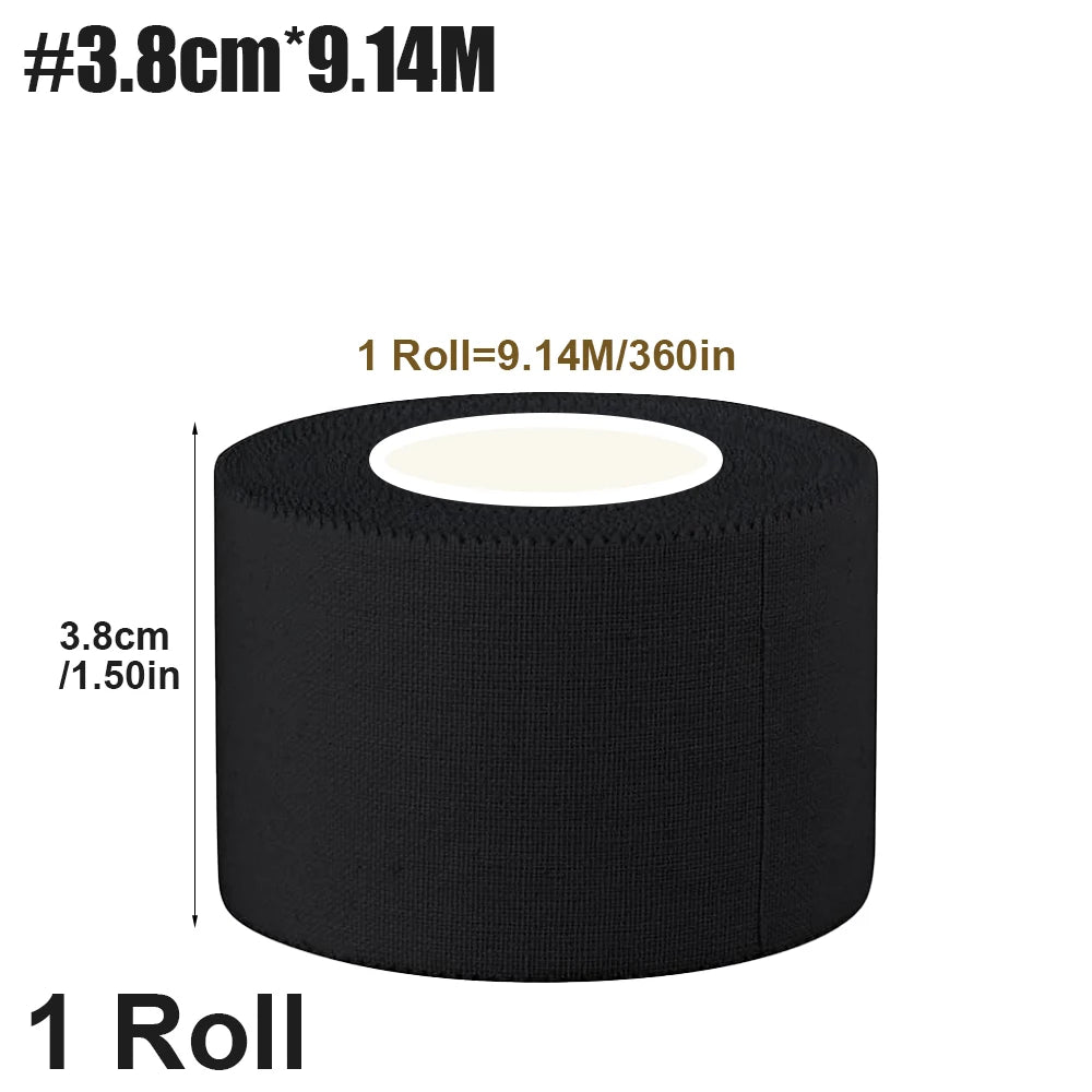 A roll of black athletic support tape measuring 3.8cm wide and 9.14 meters long.