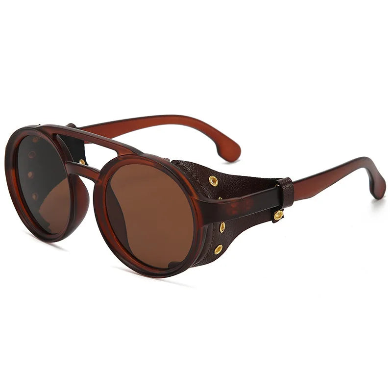 Brown leather retro steampunk sunglasses with dark tinted lenses