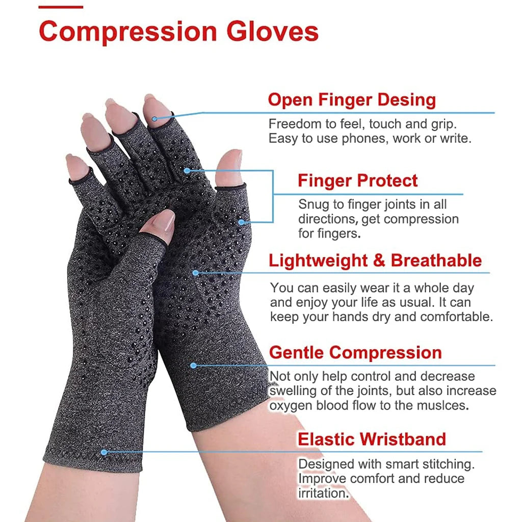 A pair of black compression gloves shown on a hand, highlighting features like finger protection and elastic wristband.