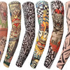 A collection of full arm tattoo sleeves featuring various black and colored designs.