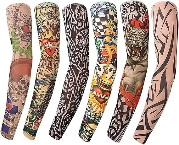 A collection of full arm tattoo sleeves featuring various black and colored designs.