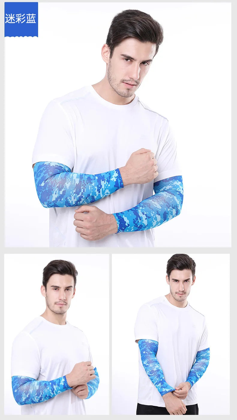 A man models blue and white patterned cooling arm sleeves on his forearm.