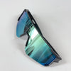 A pair of dark blue mirrored sports sunglasses with a black frame viewed from the side.