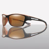 A pair of brown-framed polarized cycling sunglasses shown in a profile view.