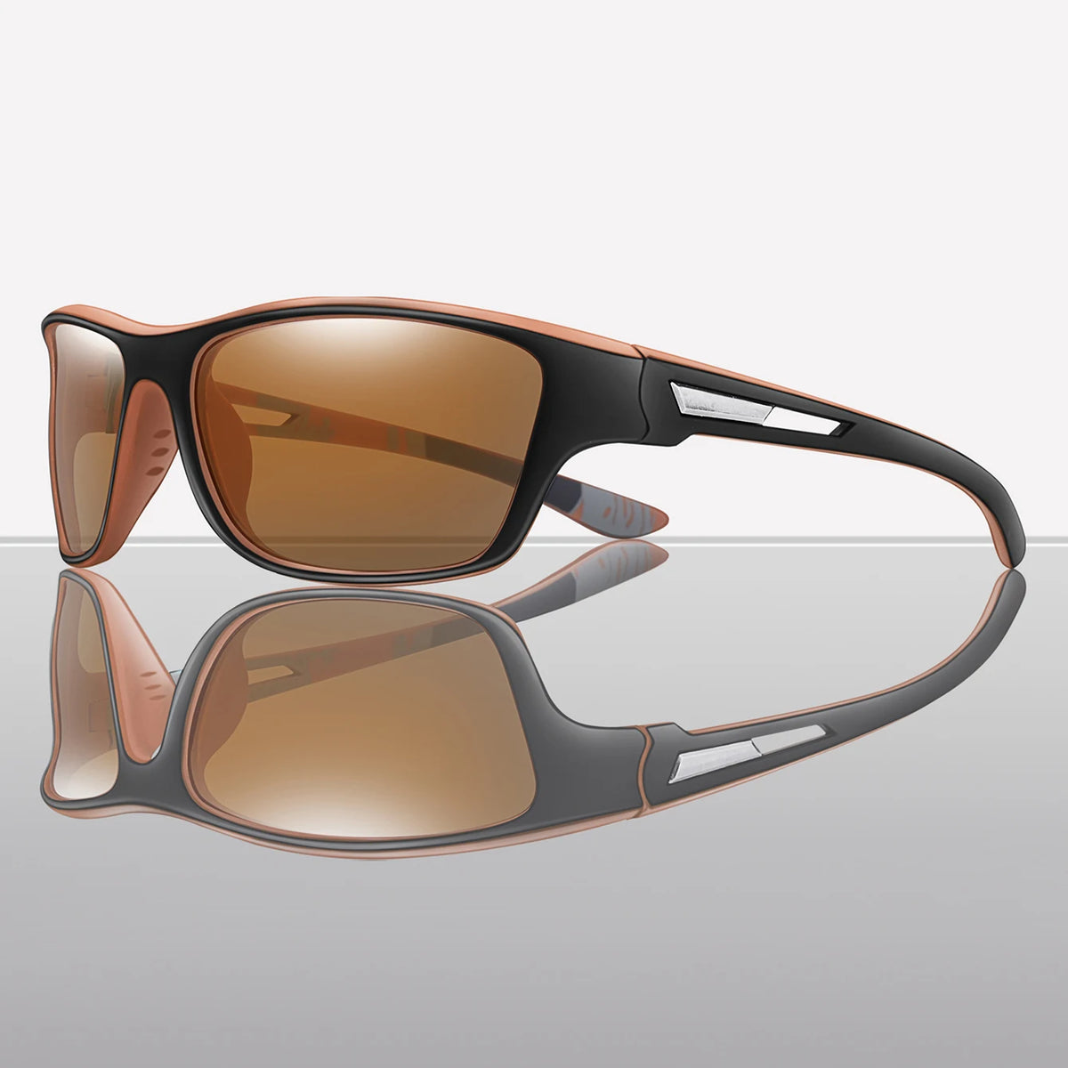 A pair of brown-framed polarized cycling sunglasses shown in a profile view.