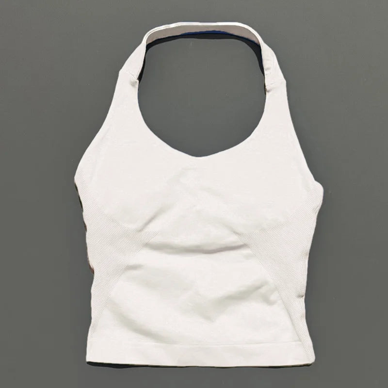 Weißes, nahtloses Strick-Gym-Tanktop mit integrierter BH