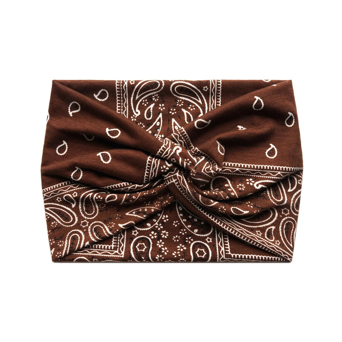 Dunkelbraunes Stoff-Haarband mit weißem Paisley- und geometrischem Muster, gefaltet und verdreht.
