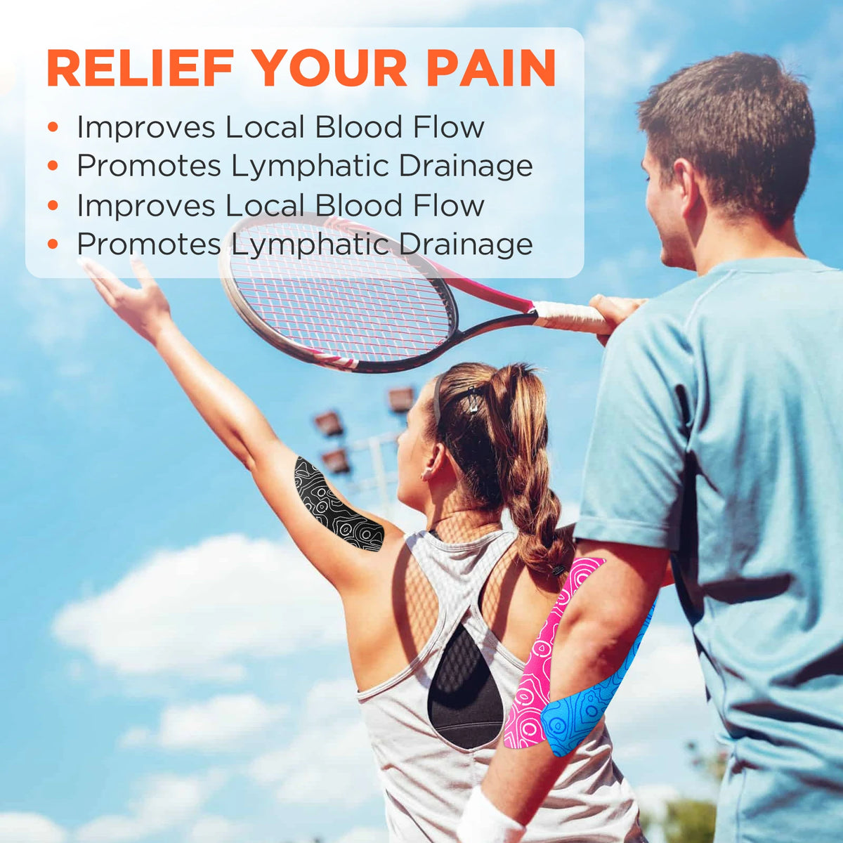 A woman applying kinesiology tape to her arm while holding a tennis racket outdoors.