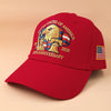 A red baseball cap featuring an embroidered design of an American eagle and text celebrating the 250th anniversary of the Uni