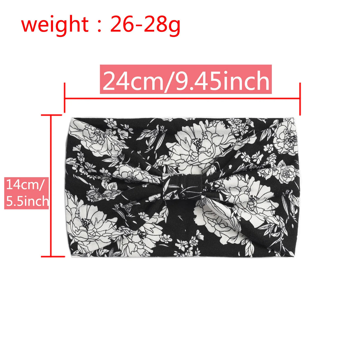 Black floral print headband measuring 24cm long and weighing 26-28g