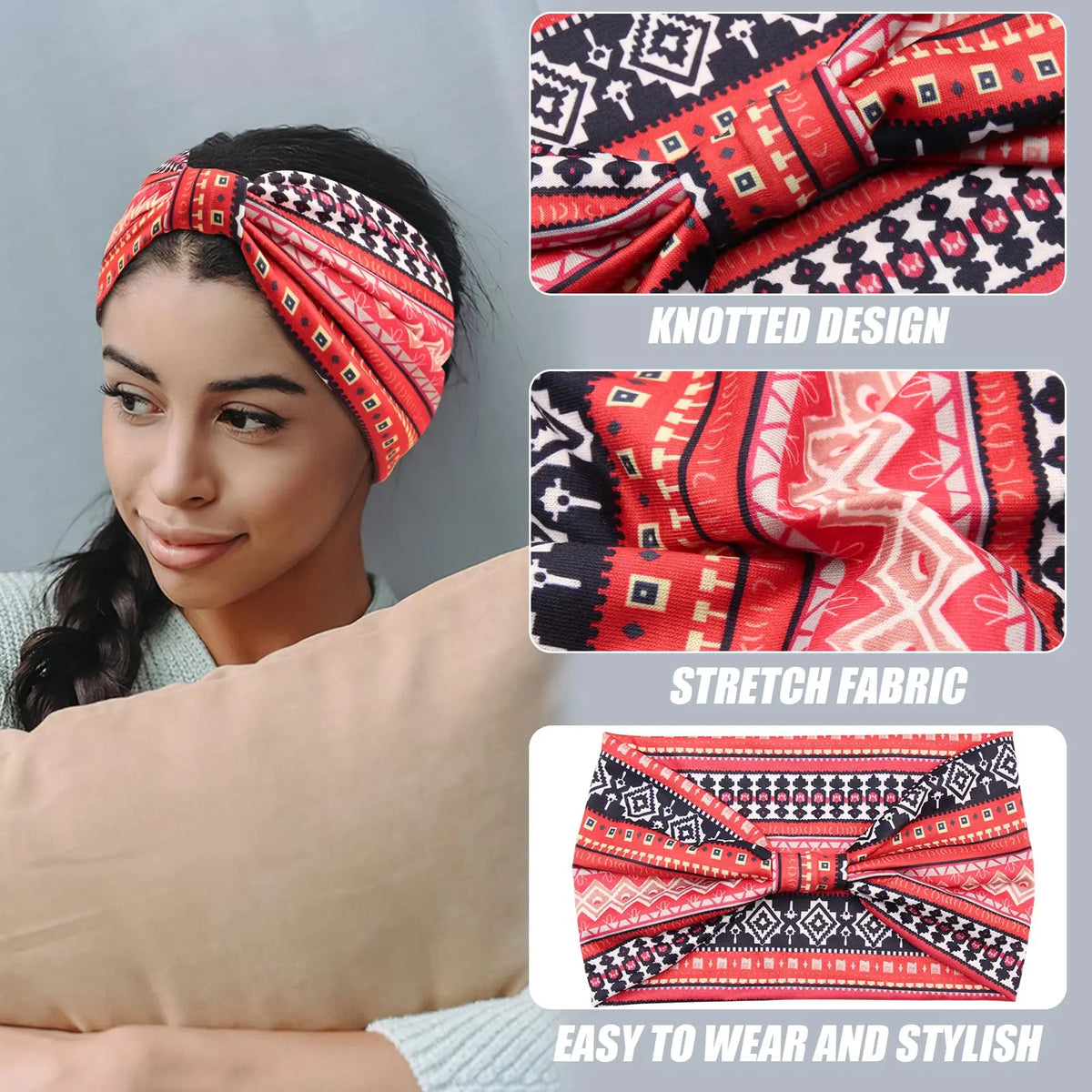 Close-up of a woman wearing a red and black patterned knotted fabric turban headband for workout or yoga