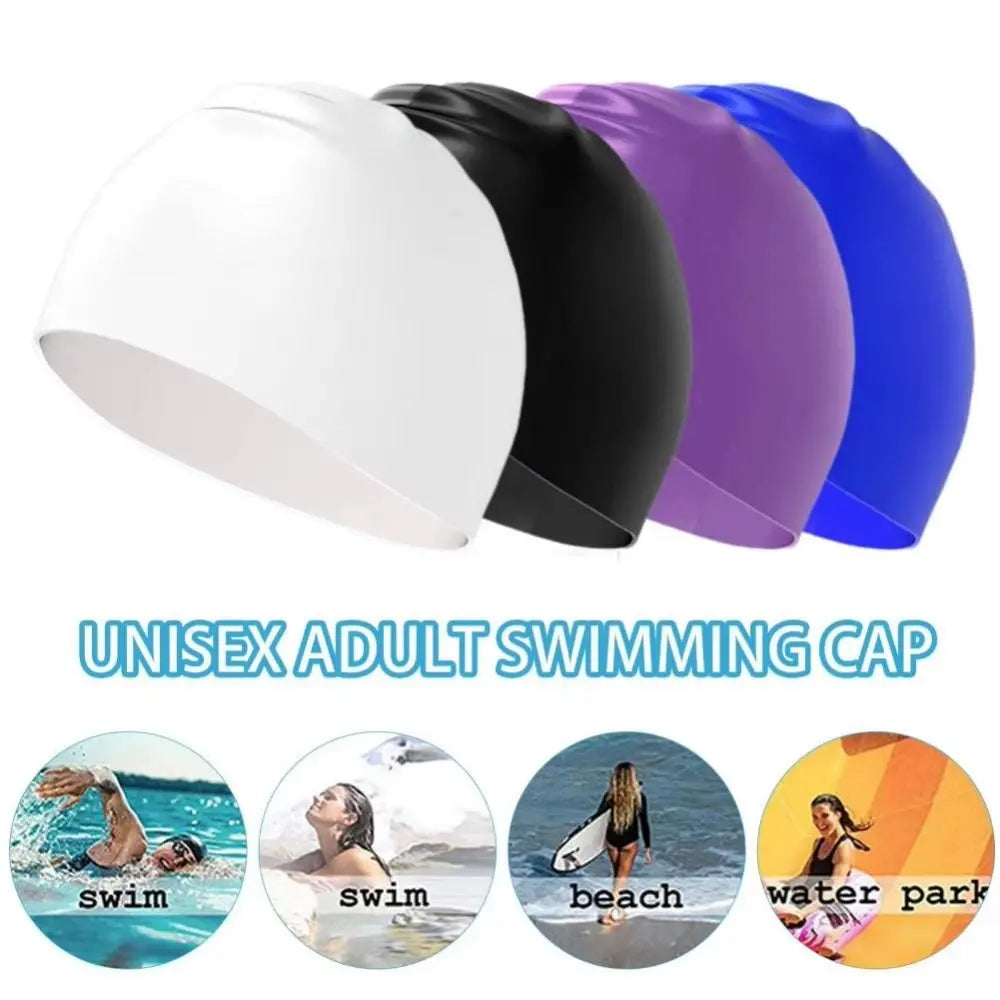 A set of unisex adult swimming caps in white, black, purple, and blue for sun and water protection.