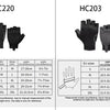 Two pairs of black cycling and MTB gloves, HC220 and HC203, shown for reference.