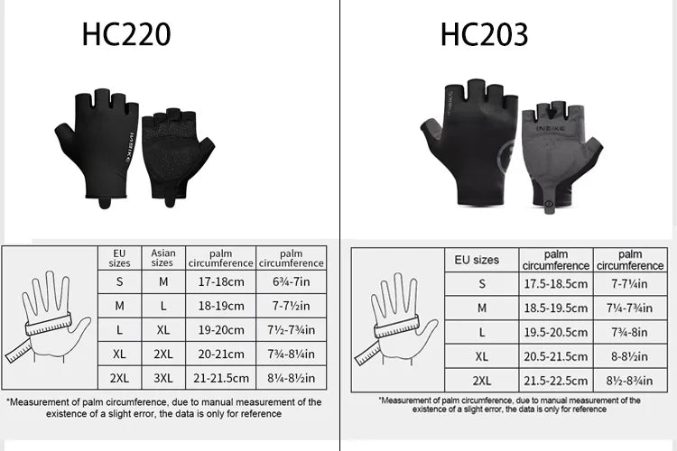 Two pairs of black cycling and MTB gloves, HC220 and HC203, shown for reference.