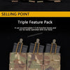 A triple feature pack of tactical magazine pouches in camouflage fabric shown laid out on a dark background.