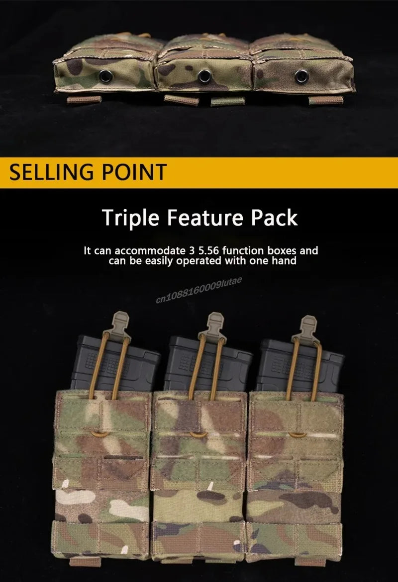 A triple feature pack of tactical magazine pouches in camouflage fabric shown laid out on a dark background.