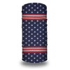 A navy blue and red stars and stripes flag tube bandana or head wrap.