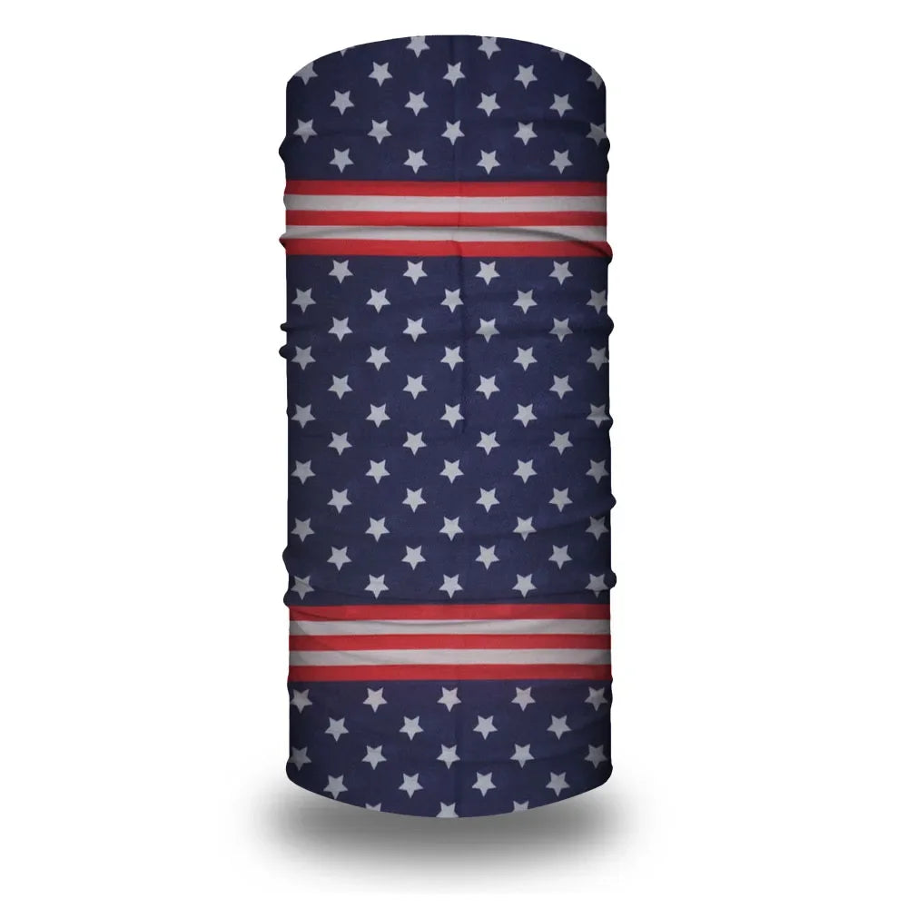 A navy blue and red stars and stripes flag tube bandana or head wrap.