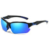 Black sunglasses with blue polarized lenses and blue accents for outdoor activities