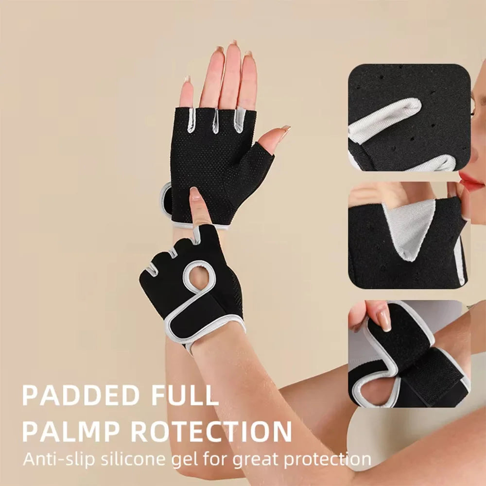 Black padded silicone gel anti-slip protection gloves shown on a hand and detailed views