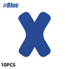 A blue kinesiology tape set shaped like an 'X' for joint support.