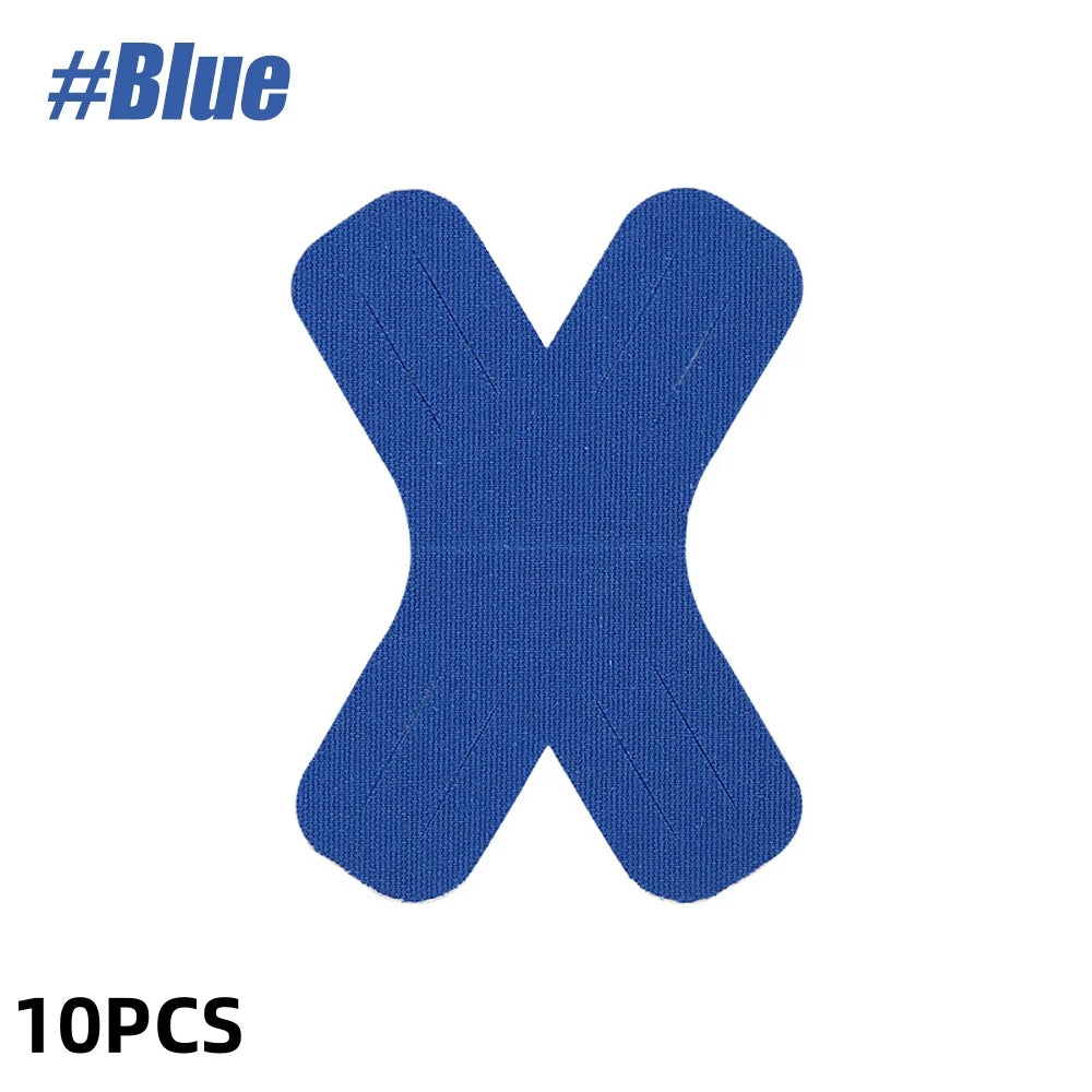 A blue kinesiology tape set shaped like an 'X' for joint support.