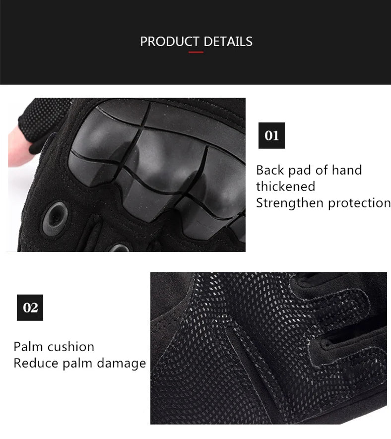 Close-up view of tactical five-finger gloves showing back pad and palm cushion features.