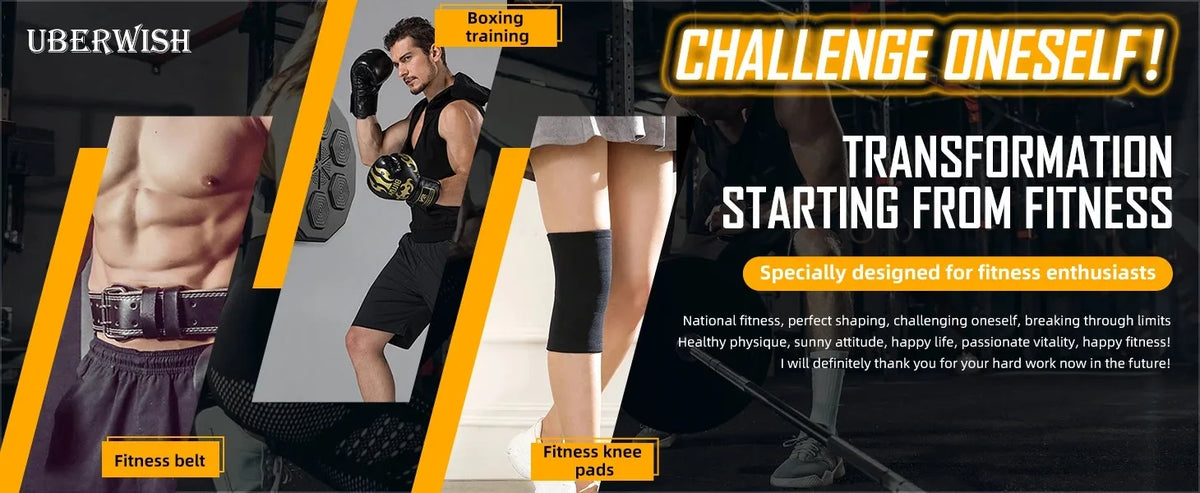 A promotional image showing boxing training equipment including gloves, fitness belts, and knee pads for fitness enthusiasts.