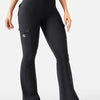 A model wearing black high-waisted flared fitness pants with a cargo pocket detail.