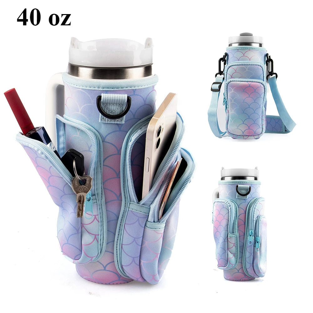 A light blue patterned fabric carrier bag designed to hold and protect a 40 oz water bottle or tumbler.