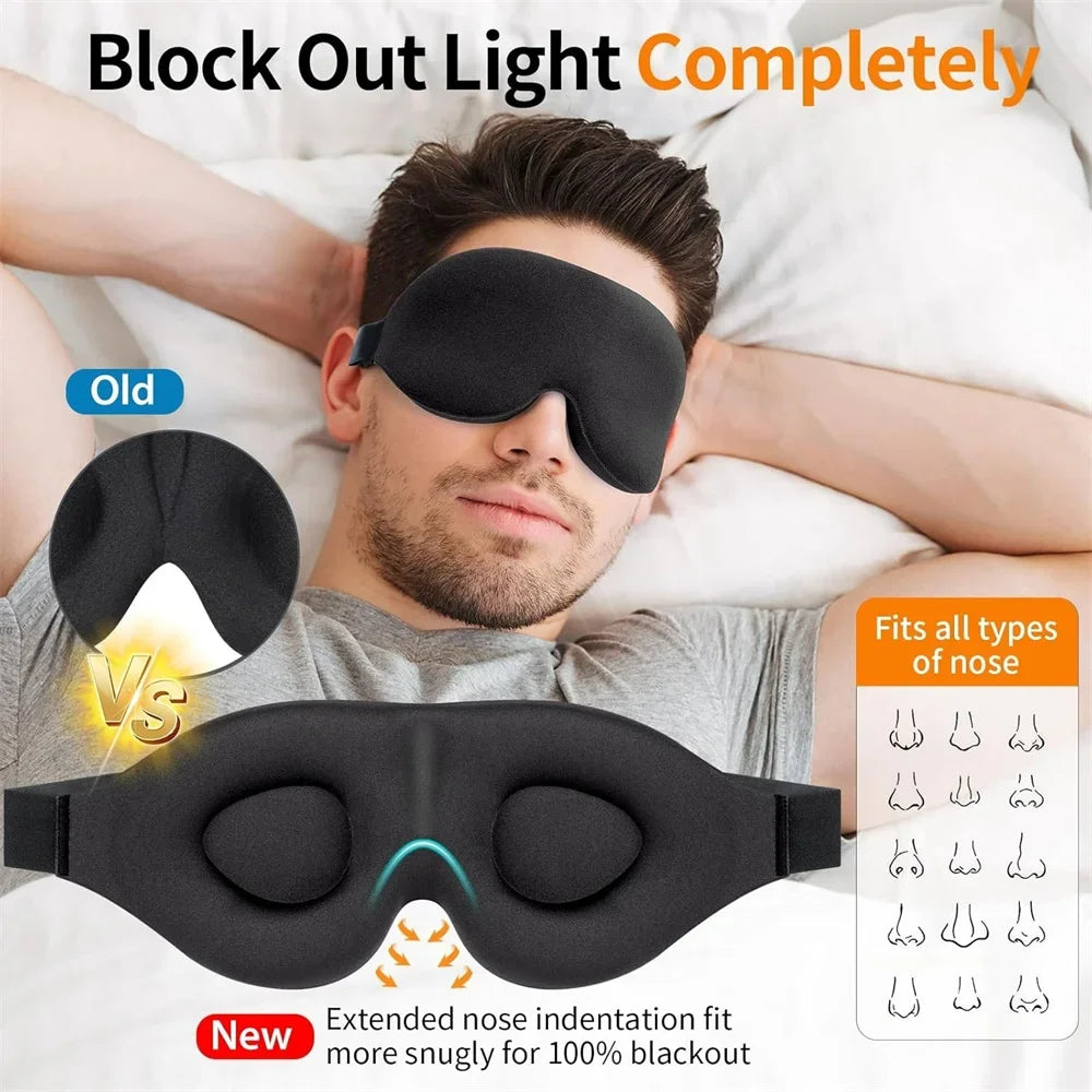 A comparison showing an old light blocking mask versus a new version with an extended nose indentation for 100% blackout.