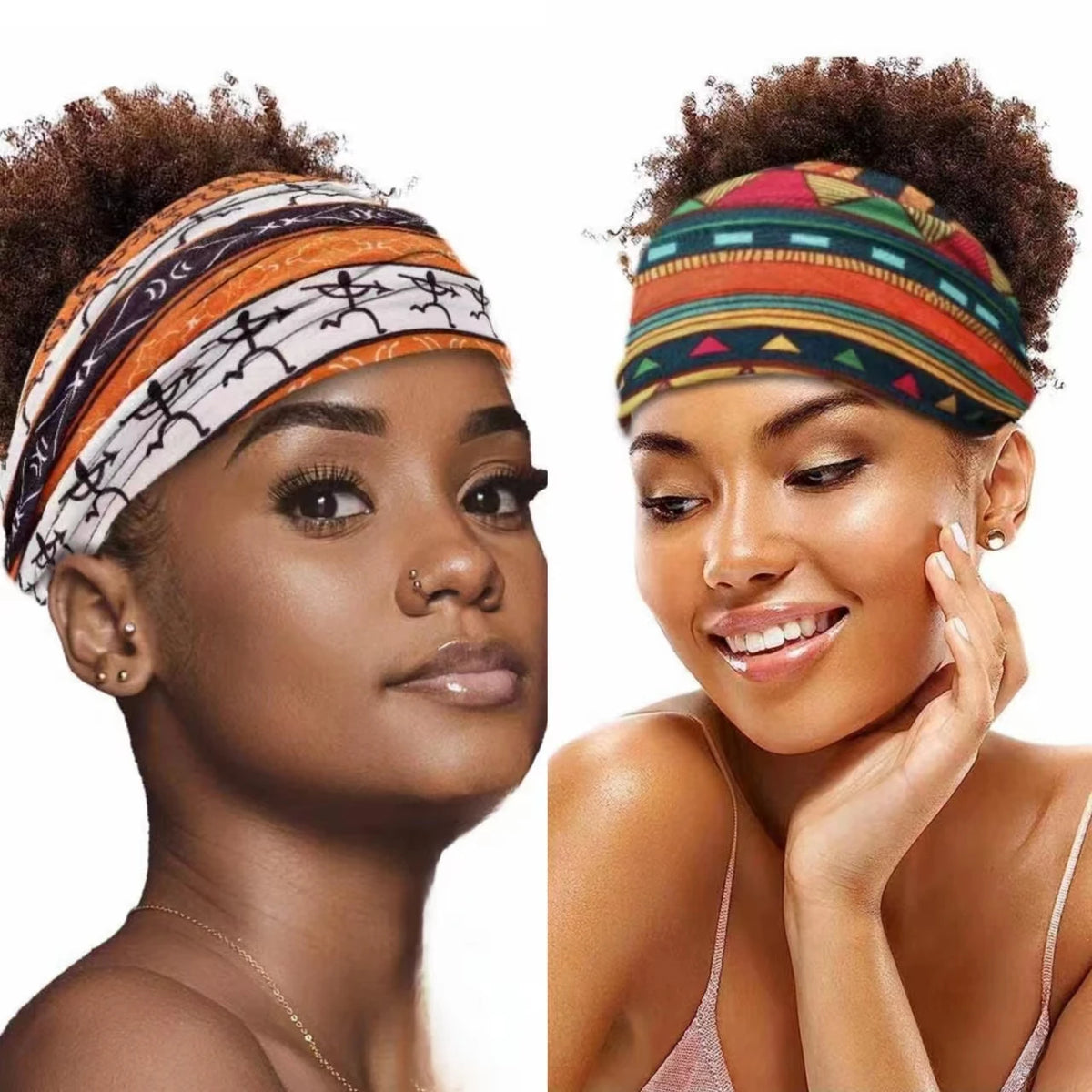 A close-up of a woman wearing a bohemian stretch cotton headband with multicolored stripes and patterns.