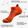 Orange athletic ankle socks designed to prevent friction, feature mesh breathability, and a thick towel bottom for shock abso