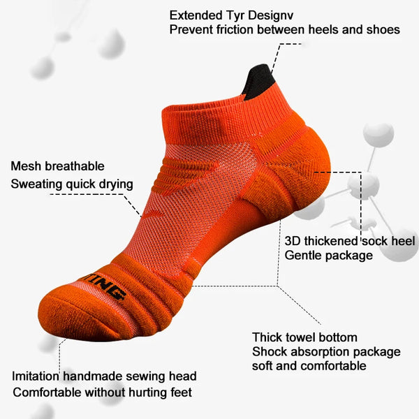 Orange athletic ankle socks designed to prevent friction, feature mesh breathability, and a thick towel bottom for shock abso
