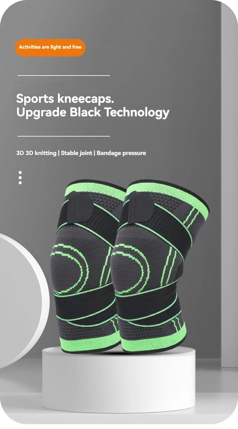 A pair of black and neon green compression knee braces displayed on a white stand.