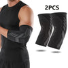 Two black breathable stretchy elbow support sleeves shown next to a person's arm.