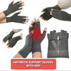 A set of gray arthritis support gloves with grip shown in various angles.