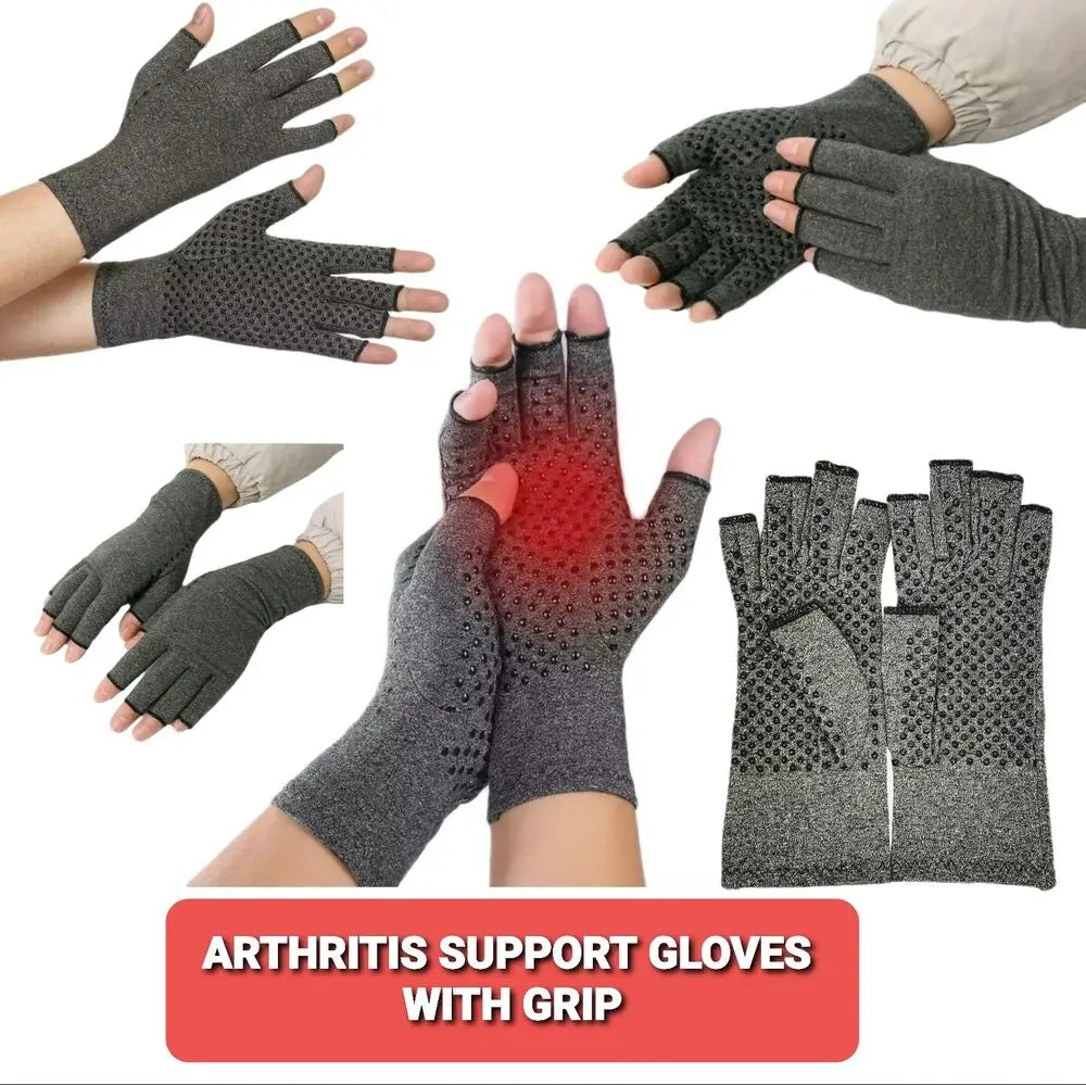A set of gray arthritis support gloves with grip shown in various angles.
