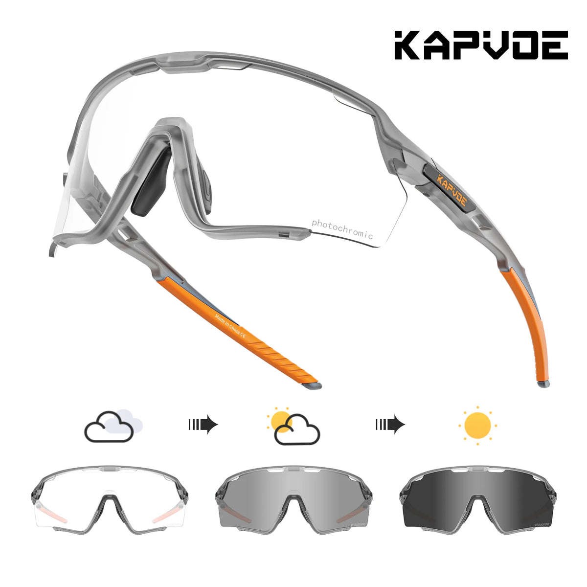 A pair of Kapvode photochromic cycling sunglasses shown in various states of light adjustment.